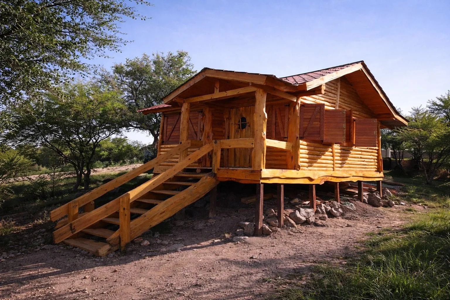 Cabaña sobre pilotes con escalera de troncos