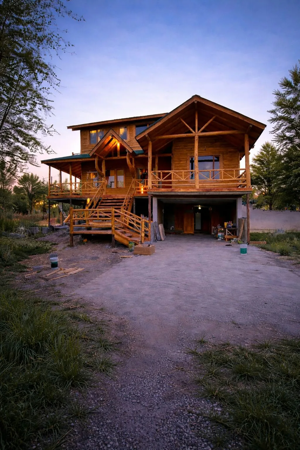 Casa de madera de dos plantas al atardecer